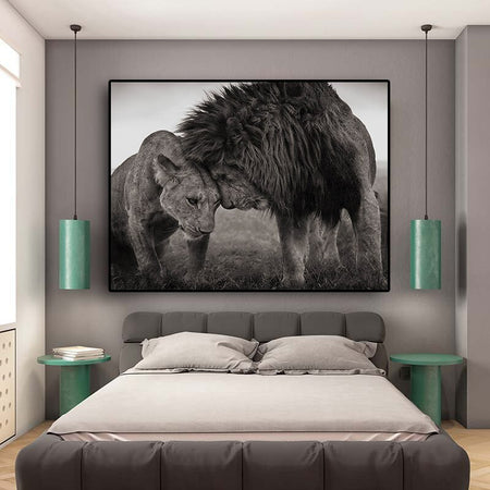 Tableau Couple de Lion Noir et Blanc