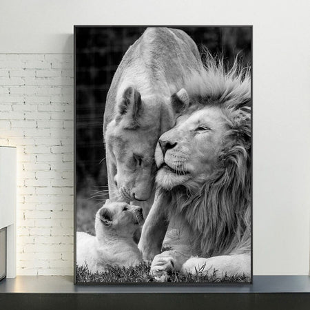 Tableau Famille de Lion Noir et Blanc