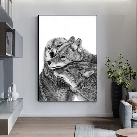 Tableau Famille de Loups Noir et Blanc