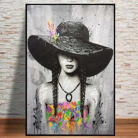 Tableau Street Art Femme Chapeau